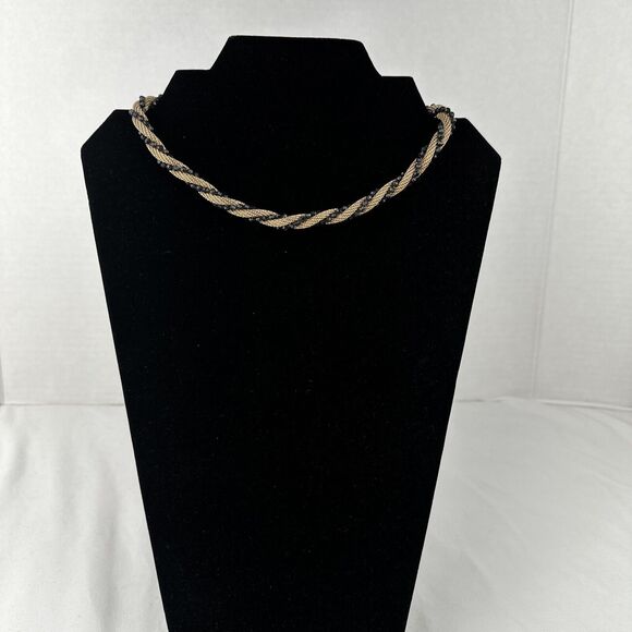 Vintage Woven Metal Rounded Gold Tone Chain and Black Beaded Twist Necklace - Picture 1 of 7